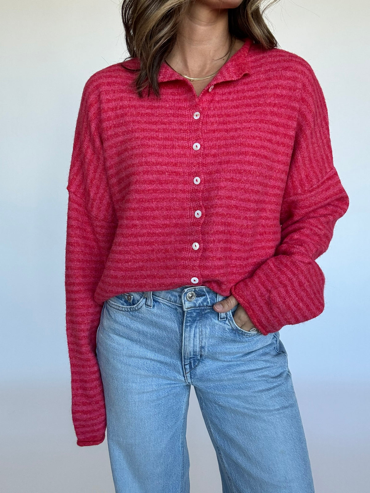 Finley Striped Cardigan - Cherry Red