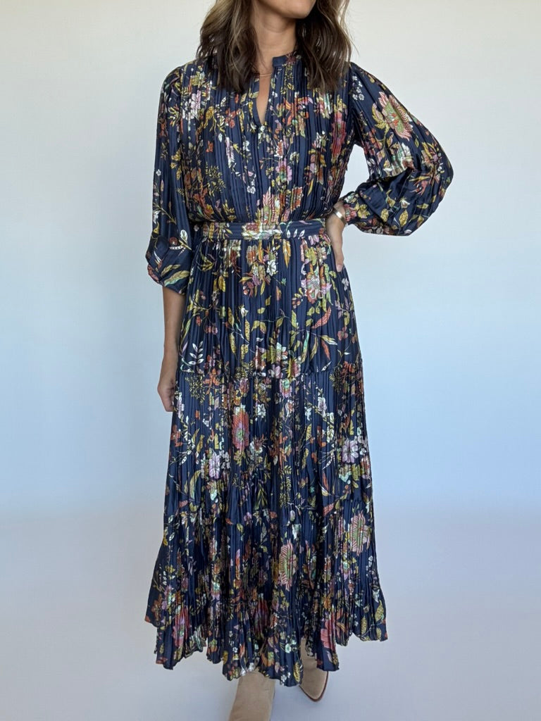 Navy Floral Pleated Maxi Dress