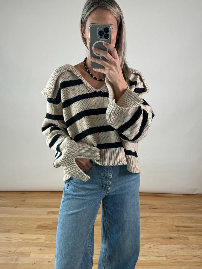 Katie Stripe Collared Sweater - Khaki