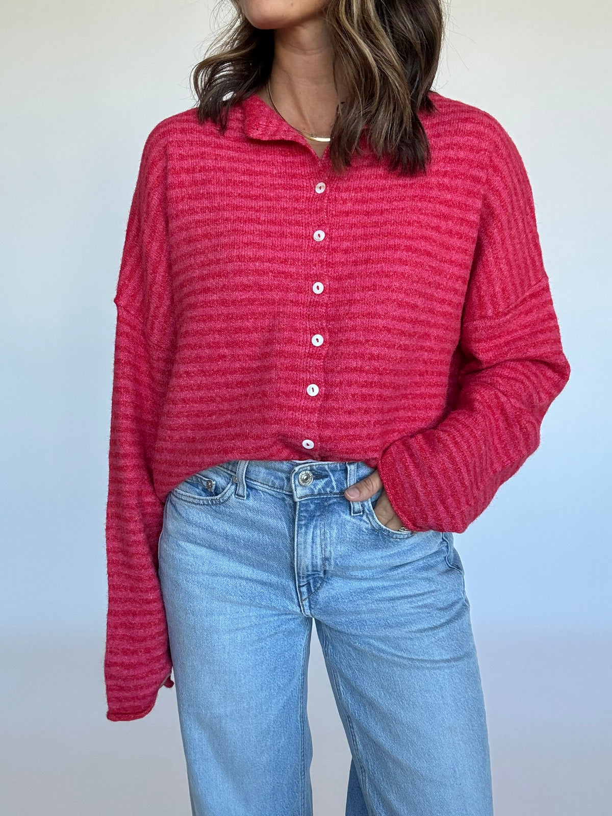 Finley Striped Cardigan - Cherry Red