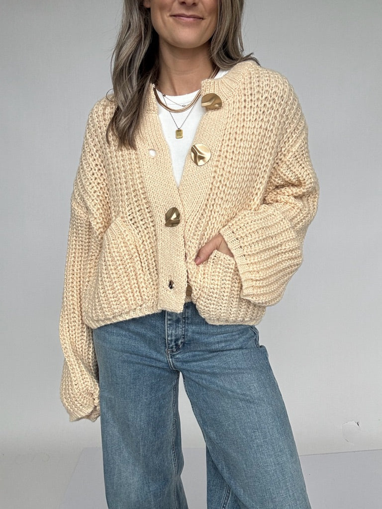 Beige Button Down Crop Cardigan