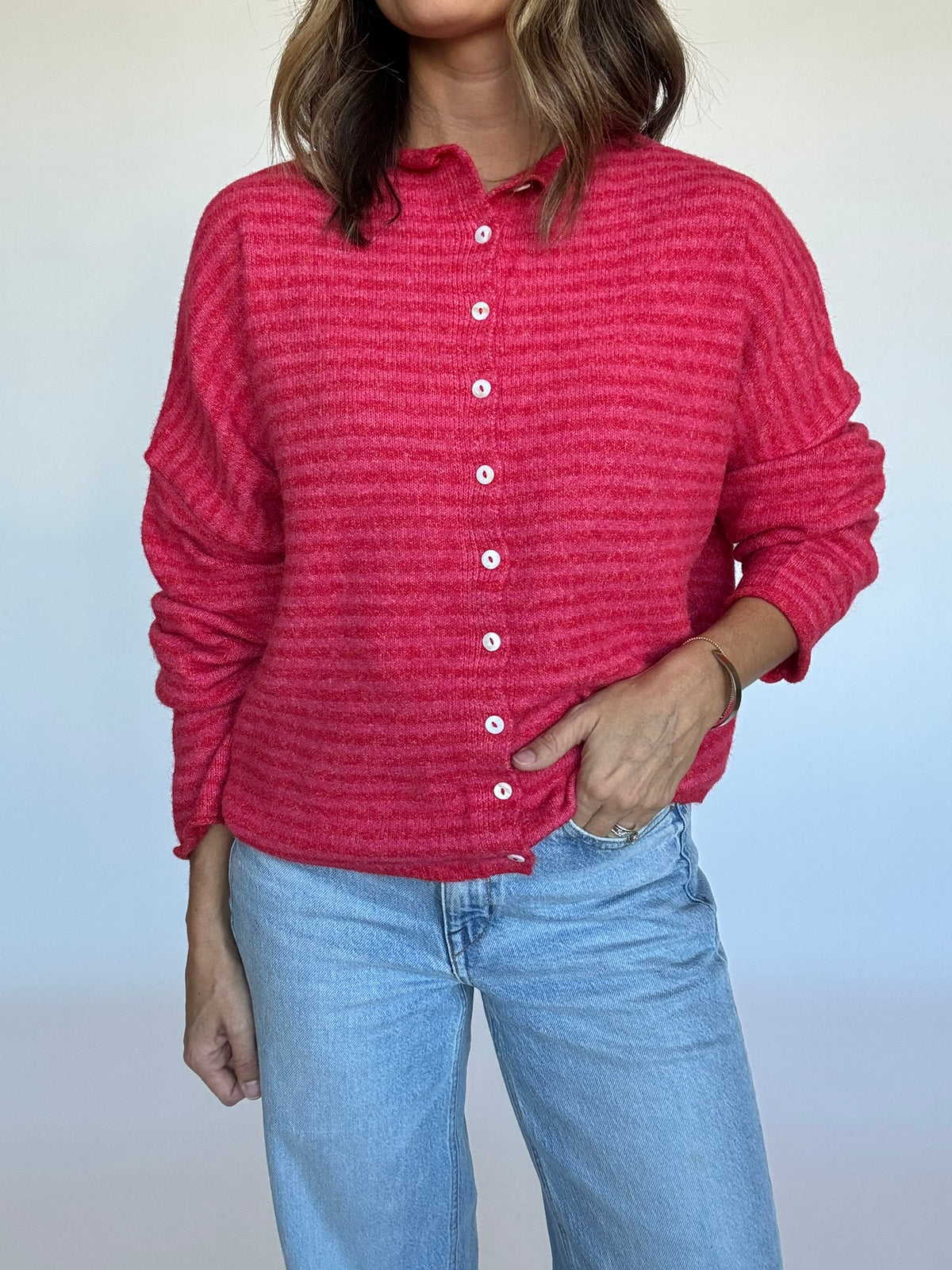 Finley Striped Cardigan - Cherry Red