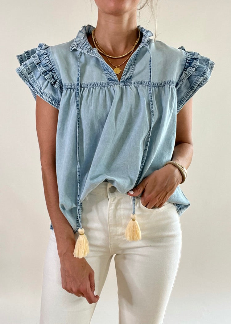 Chambray Ruffle Shoulder Top | THML