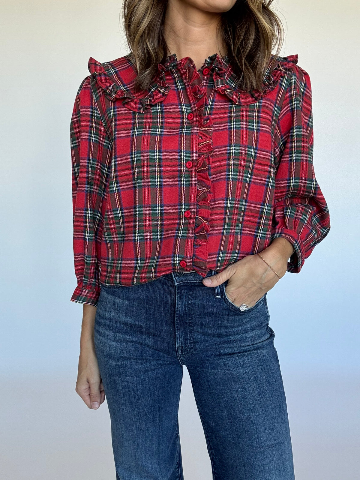 Plaid Ruffle Collar Blouse