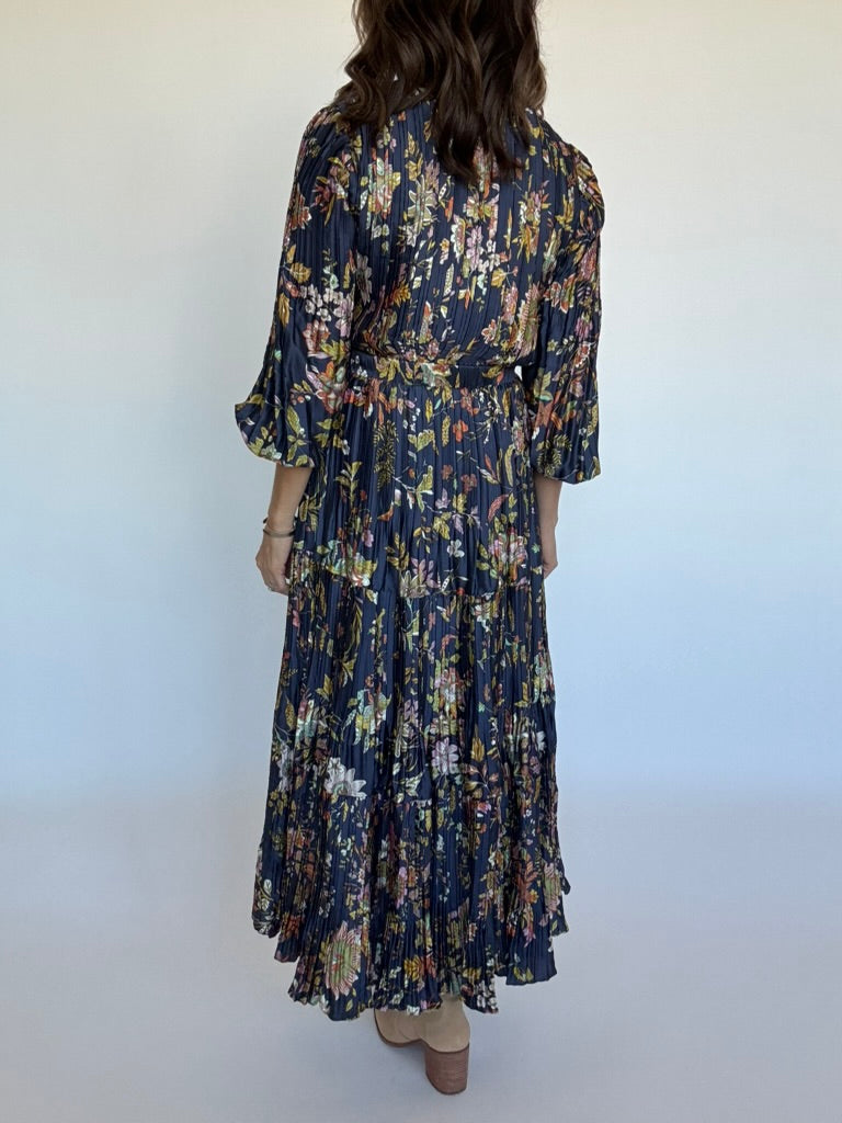 Navy Floral Pleated Maxi Dress