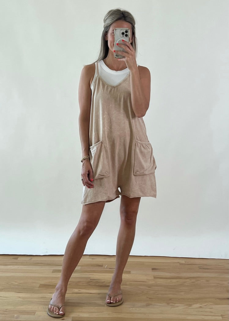 Mineral Washed Romper- Taupe