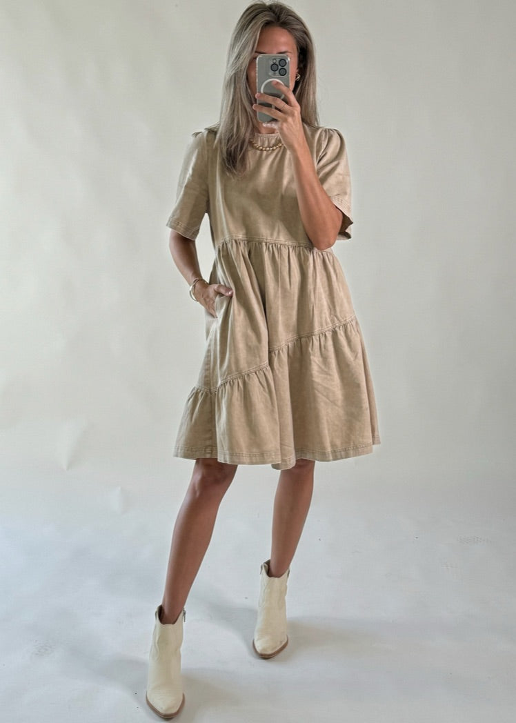 Annie Mineral Washed Denim Dress - Taupe