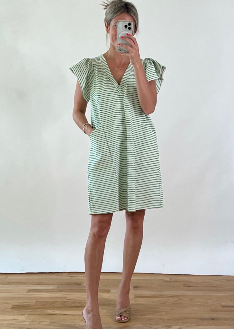 Green Textured Stripe Mini Dress