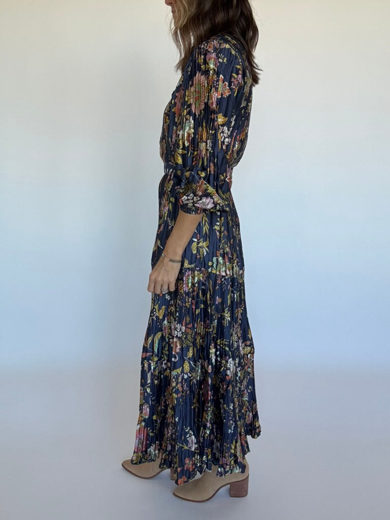 Navy Floral Pleated Maxi Dress