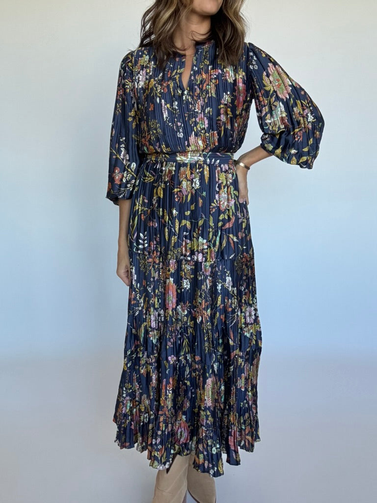 Navy Floral Pleated Maxi Dress