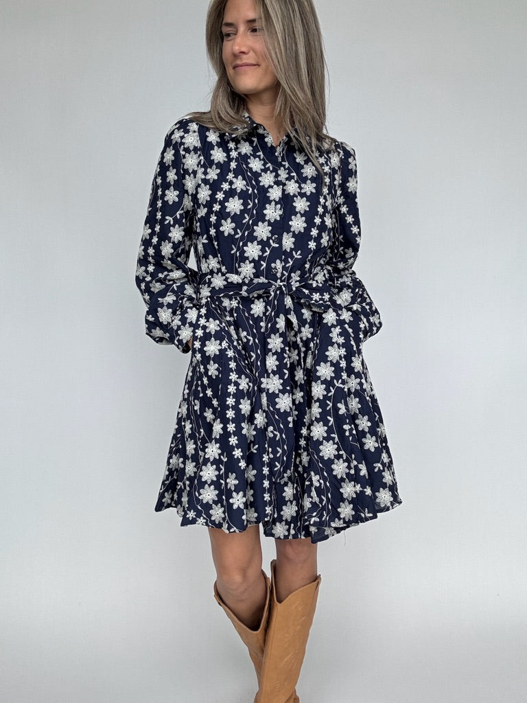 Navy Floral Embroidered Mini Dress