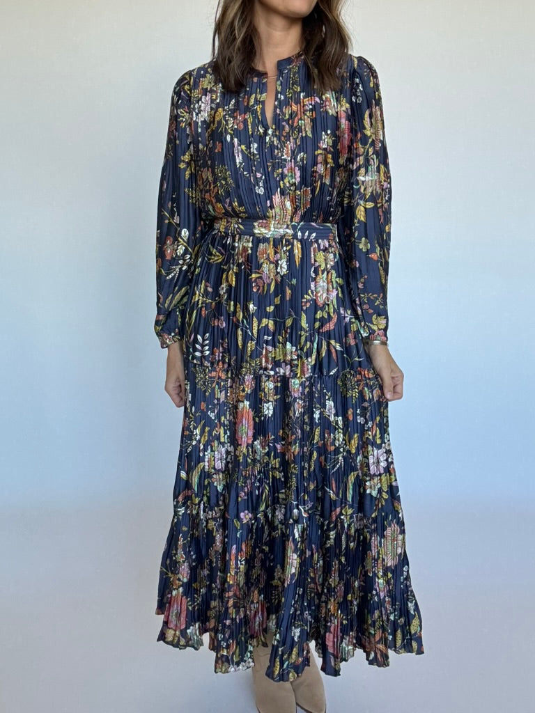 Navy Floral Pleated Maxi Dress
