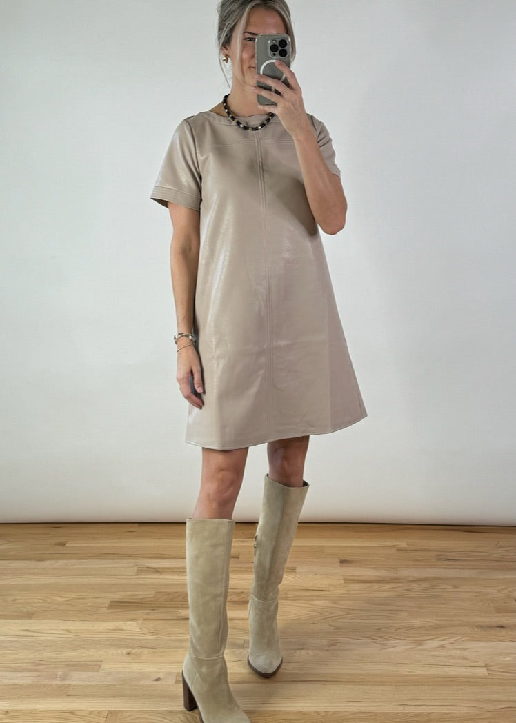 Taupe Faux Leather Dress | THML