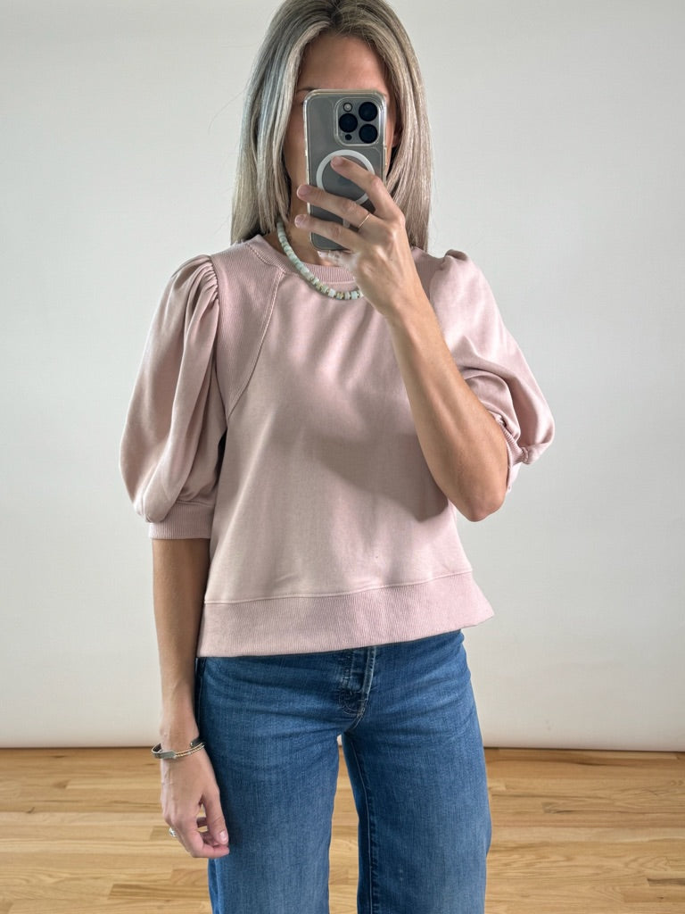 Cotton Terry Puff Sleeve Top - Ash Rose