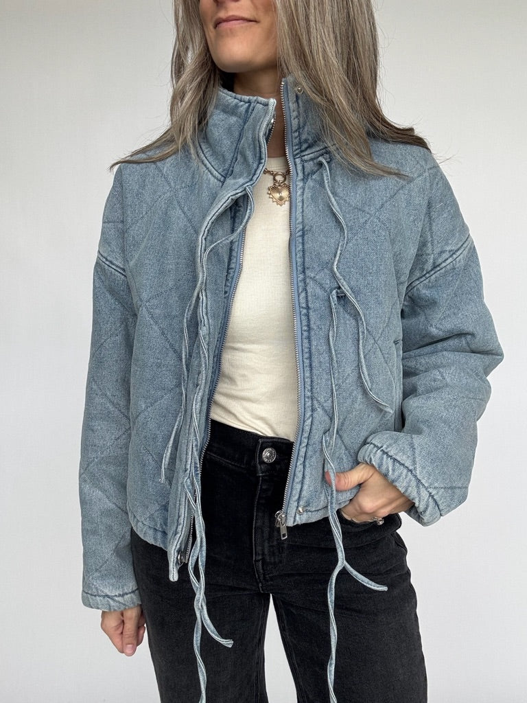 Bow Detail Quilted Denim Coat