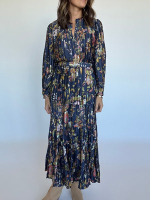 Navy Floral Pleated Maxi Dress