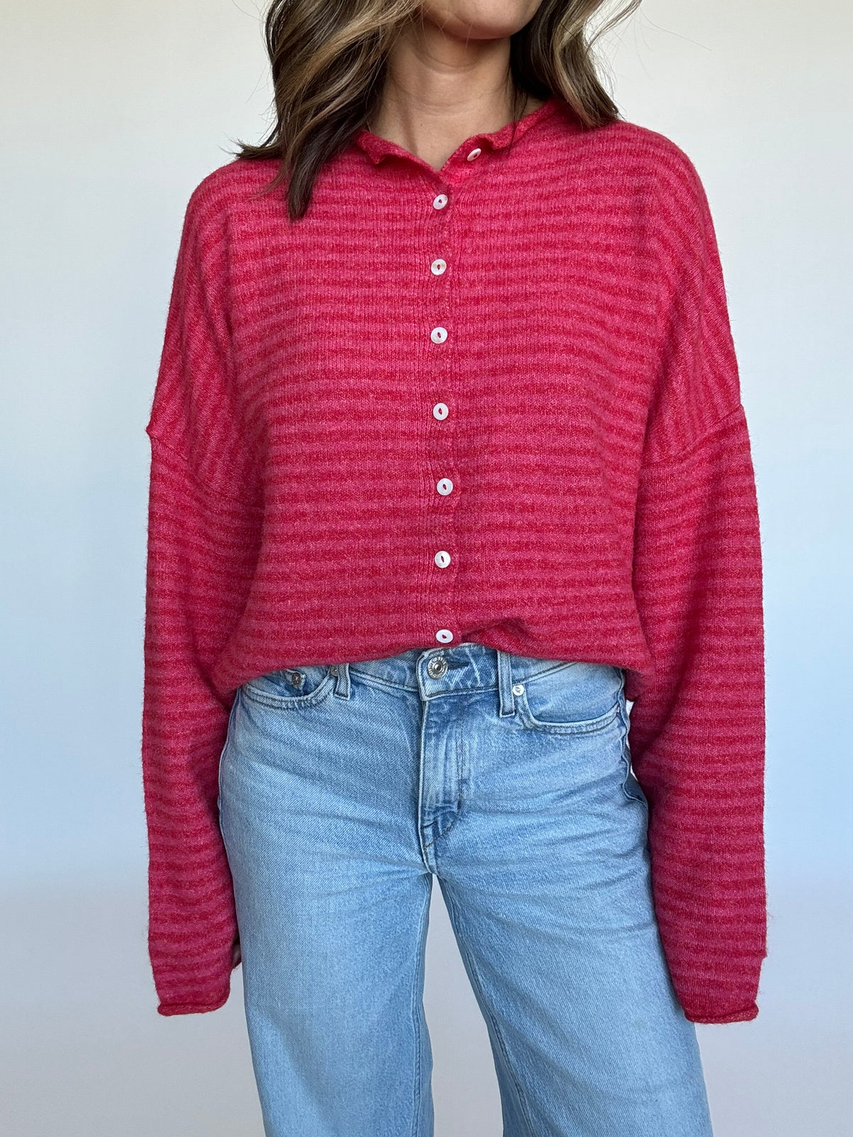 Finley Striped Cardigan - Cherry Red