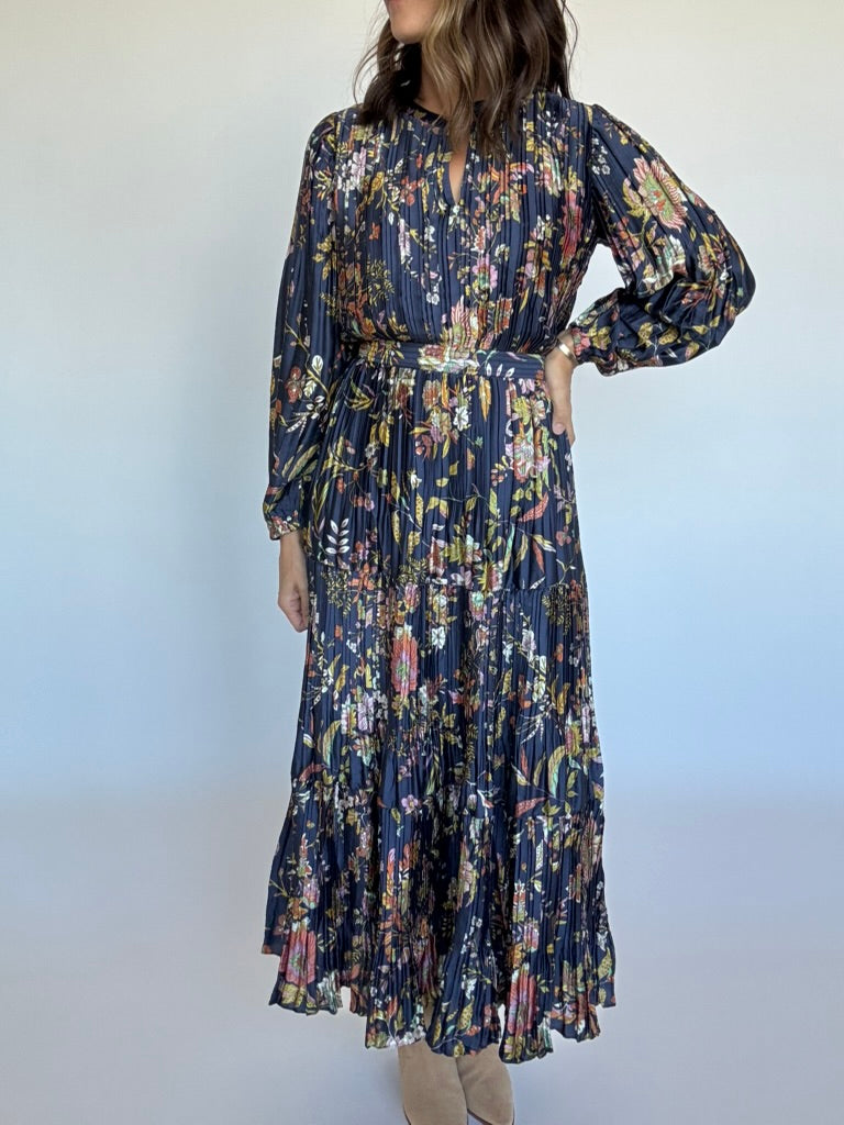 Navy Floral Pleated Maxi Dress
