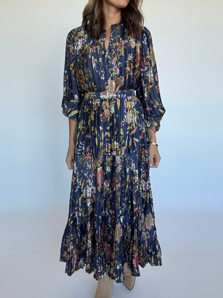 Navy Floral Pleated Maxi Dress