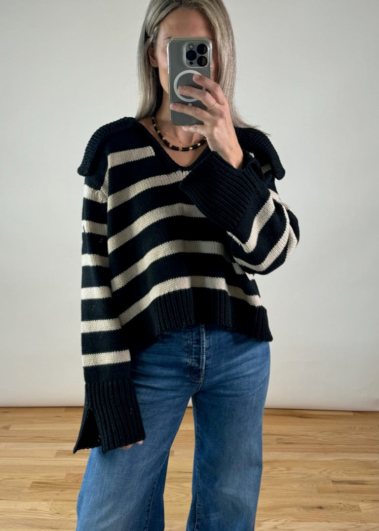 Jamie Stripe Collared Sweater - Black