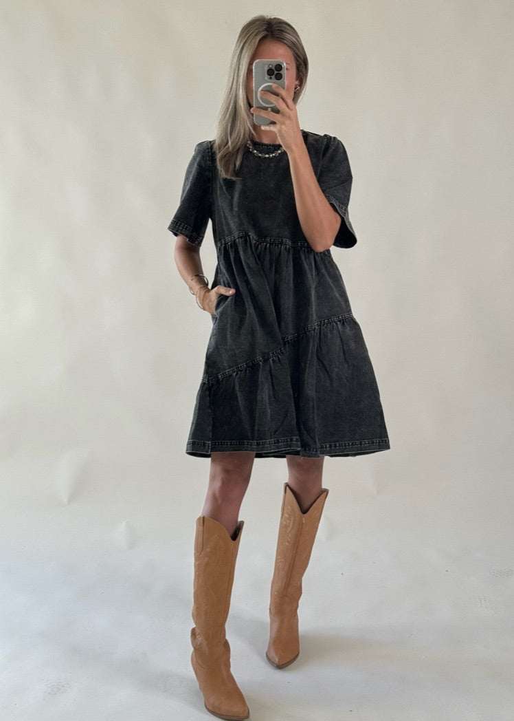 Annie Mineral Washed Denim Dress - Black