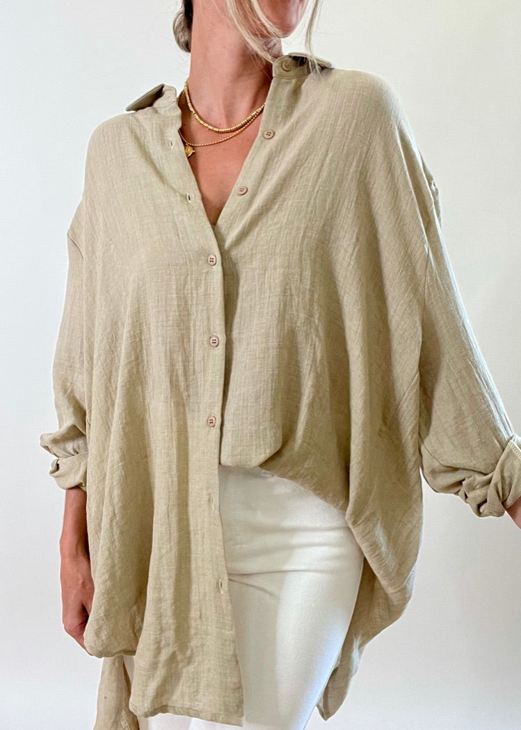 Taupe Oversized Button Down Top