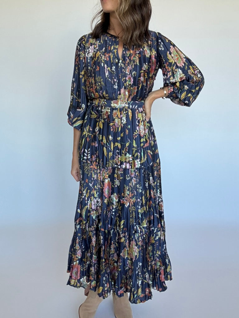 Navy Floral Pleated Maxi Dress