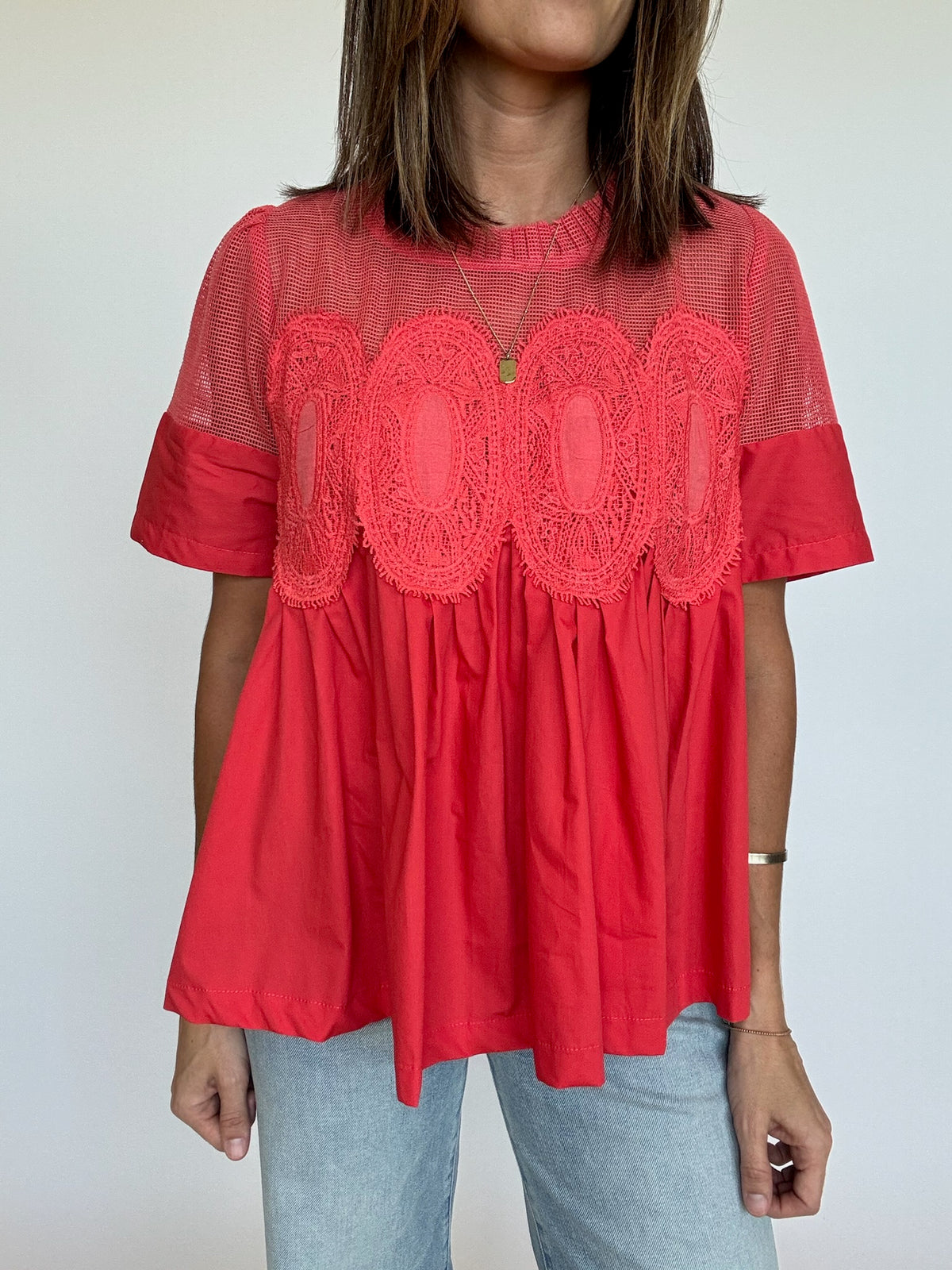 Asher Mesh Applique Top - Coral