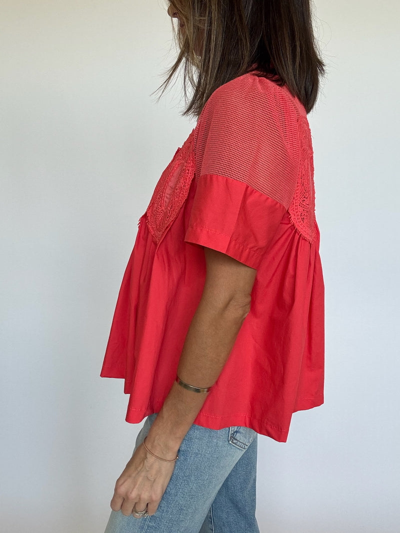 Asher Mesh Applique Top - Coral