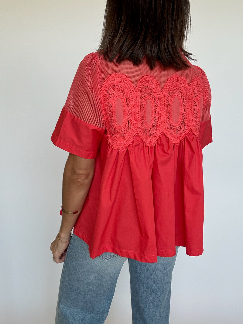 Asher Mesh Applique Top - Coral
