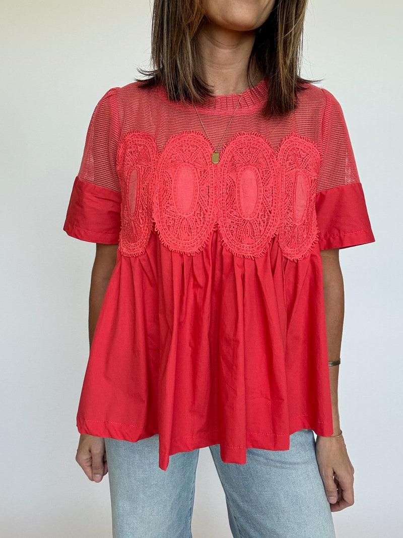 Asher Mesh Applique Top - Coral