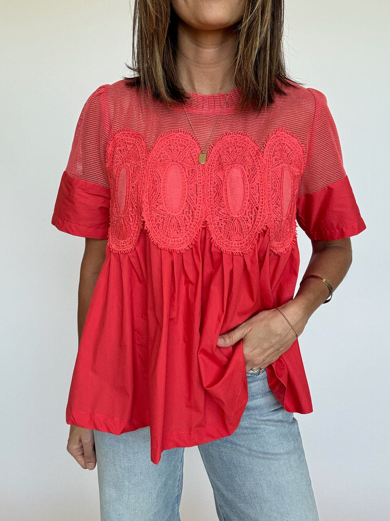 Asher Mesh Applique Top - Coral