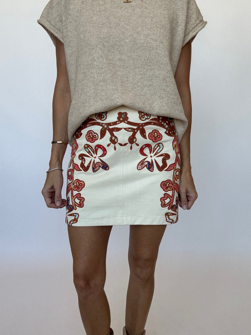 Suede Embroidered Mini Skirt | THML