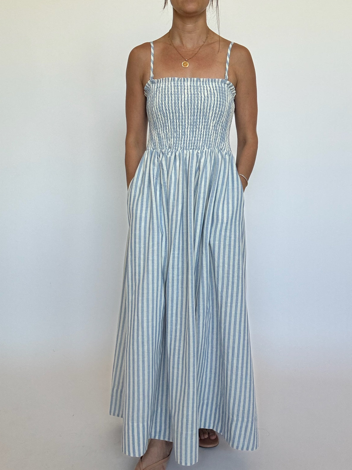 Smocked Blue Stripe Maxi Dress