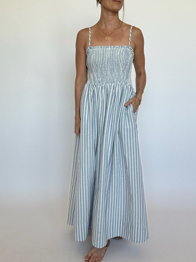 Smocked Blue Stripe Maxi Dress