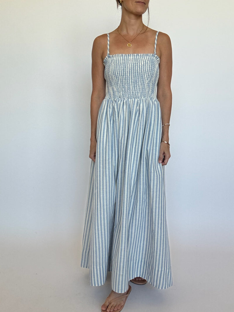 Smocked Blue Stripe Maxi Dress