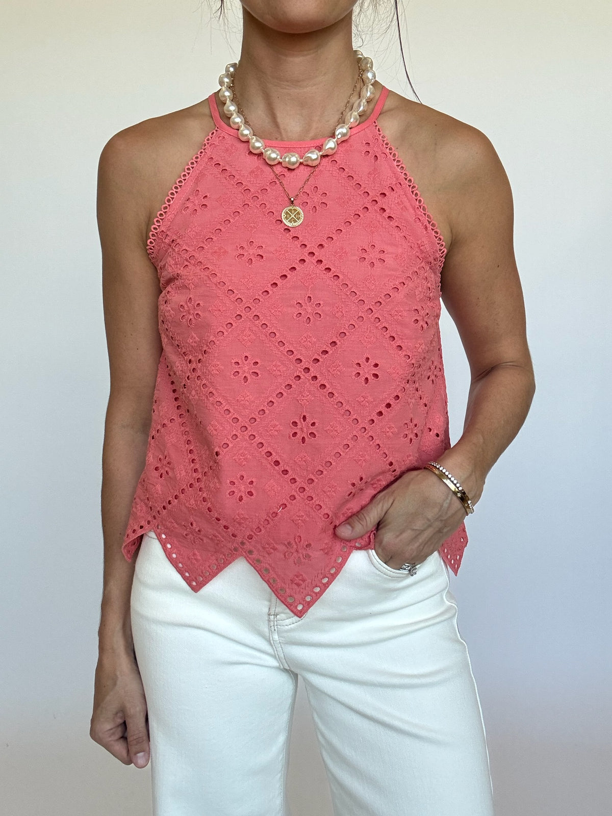 Ada Embroidered Tank - Nantucket Red