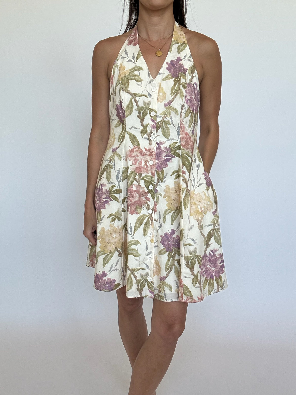 Halter Front Button Mini Dress