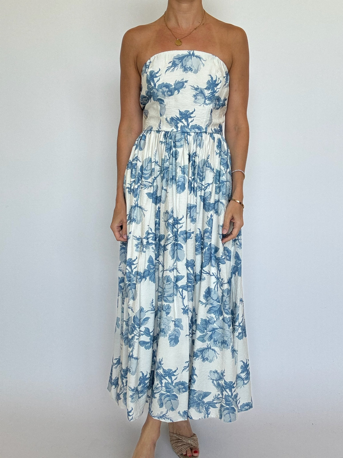 blue floral strapless dress Blue Floral Strapless Dress S