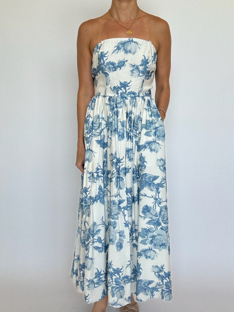 Blue Floral Strapless Dress