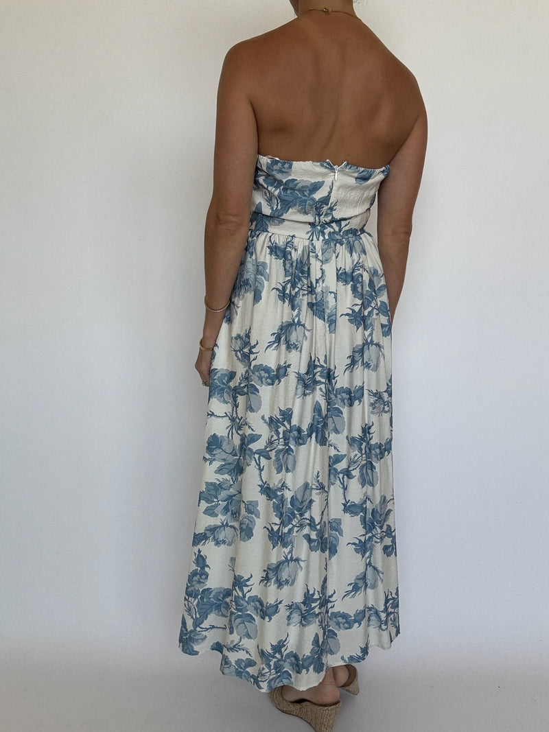 Blue Floral Strapless Dress