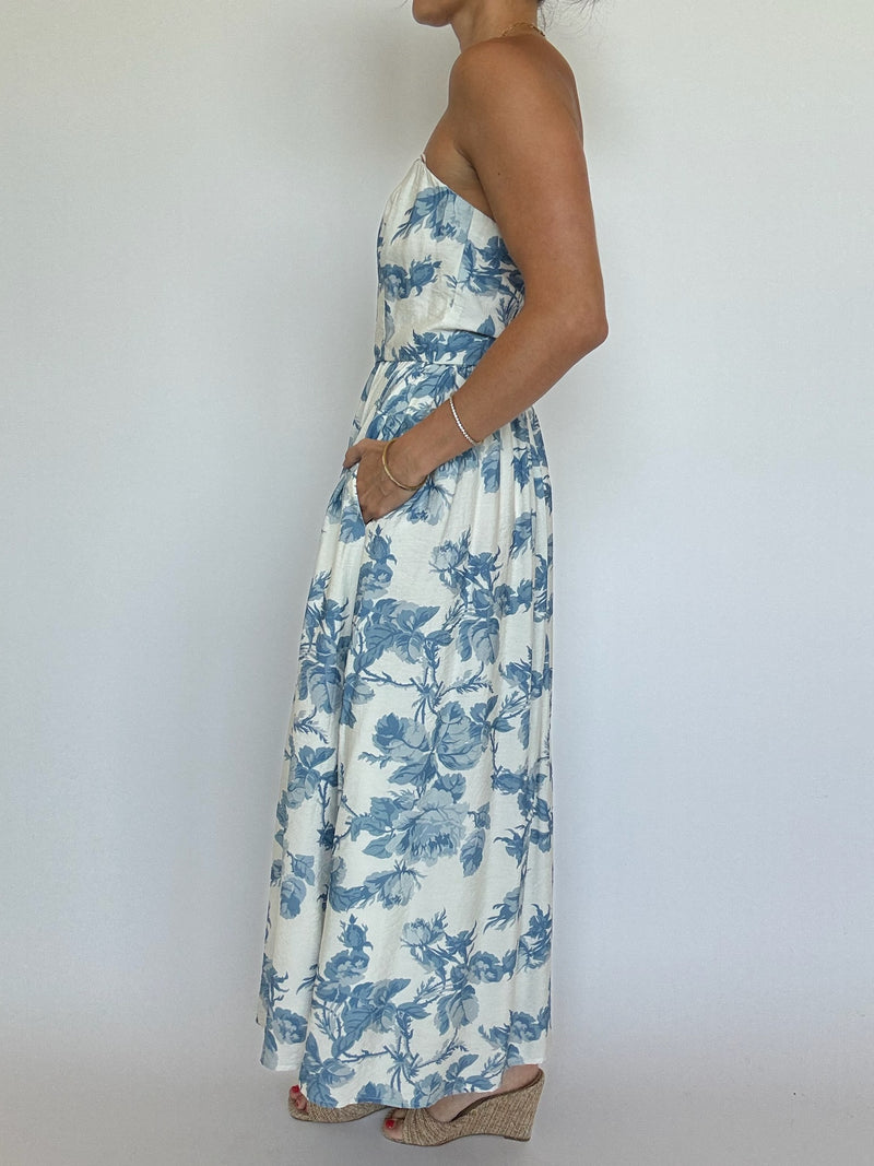 Blue Floral Strapless Dress