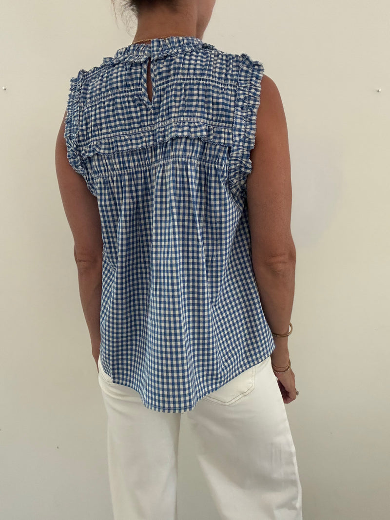 Blue Gingham Ruffle Top