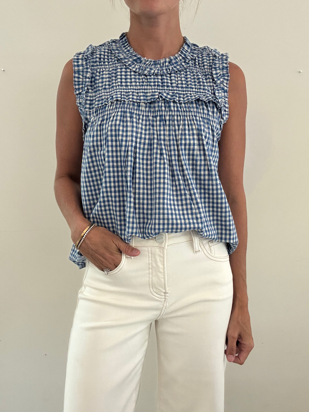 Blue Gingham Ruffle Top