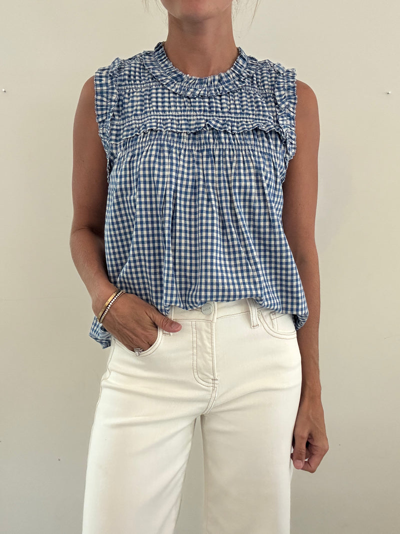 Blue Gingham Ruffle Top