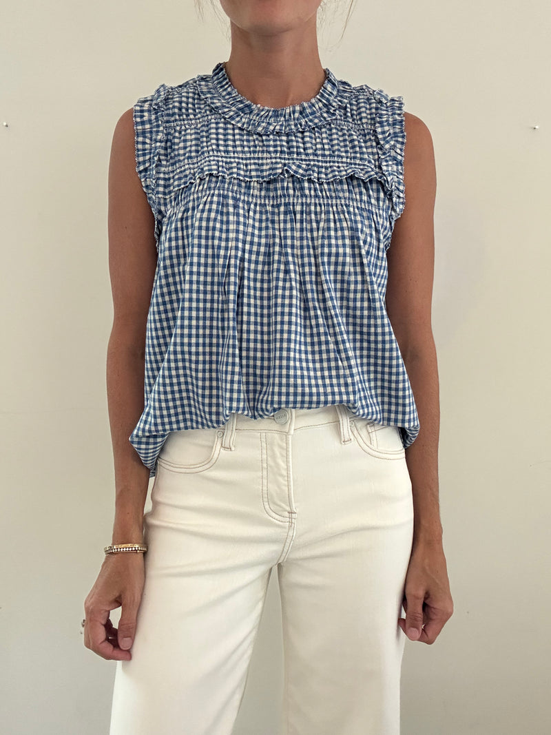 Blue Gingham Ruffle Top