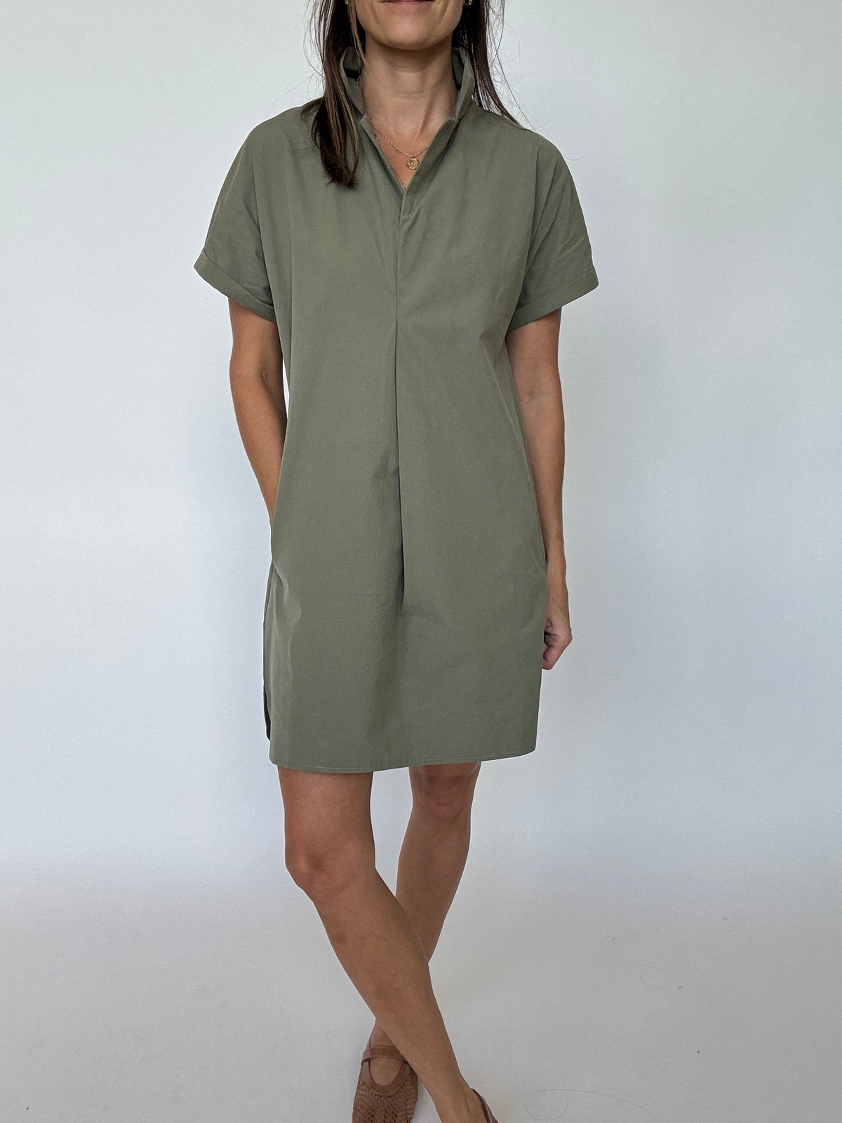 PREORDER | Greer Classic Collared Poplin Dress - Olive | EST SHIP DATE 9/24