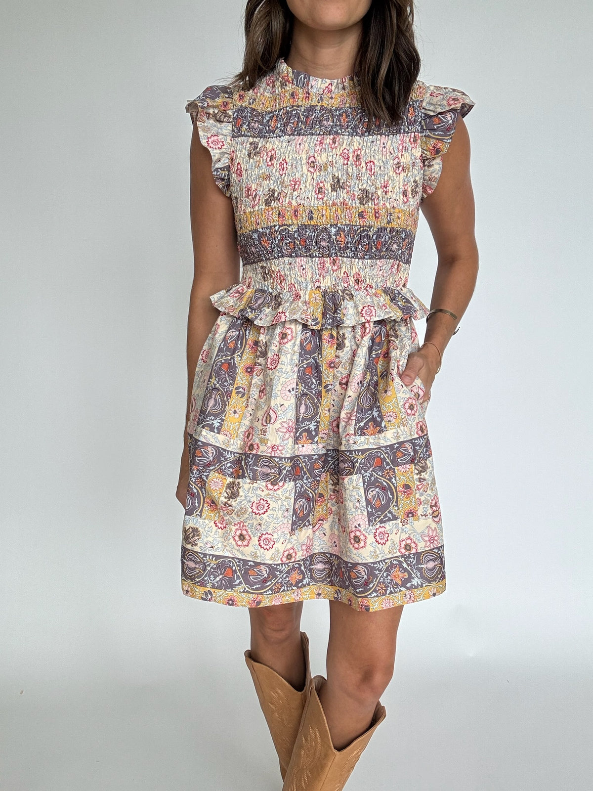 Mixed Print Smocked Mini Dress
