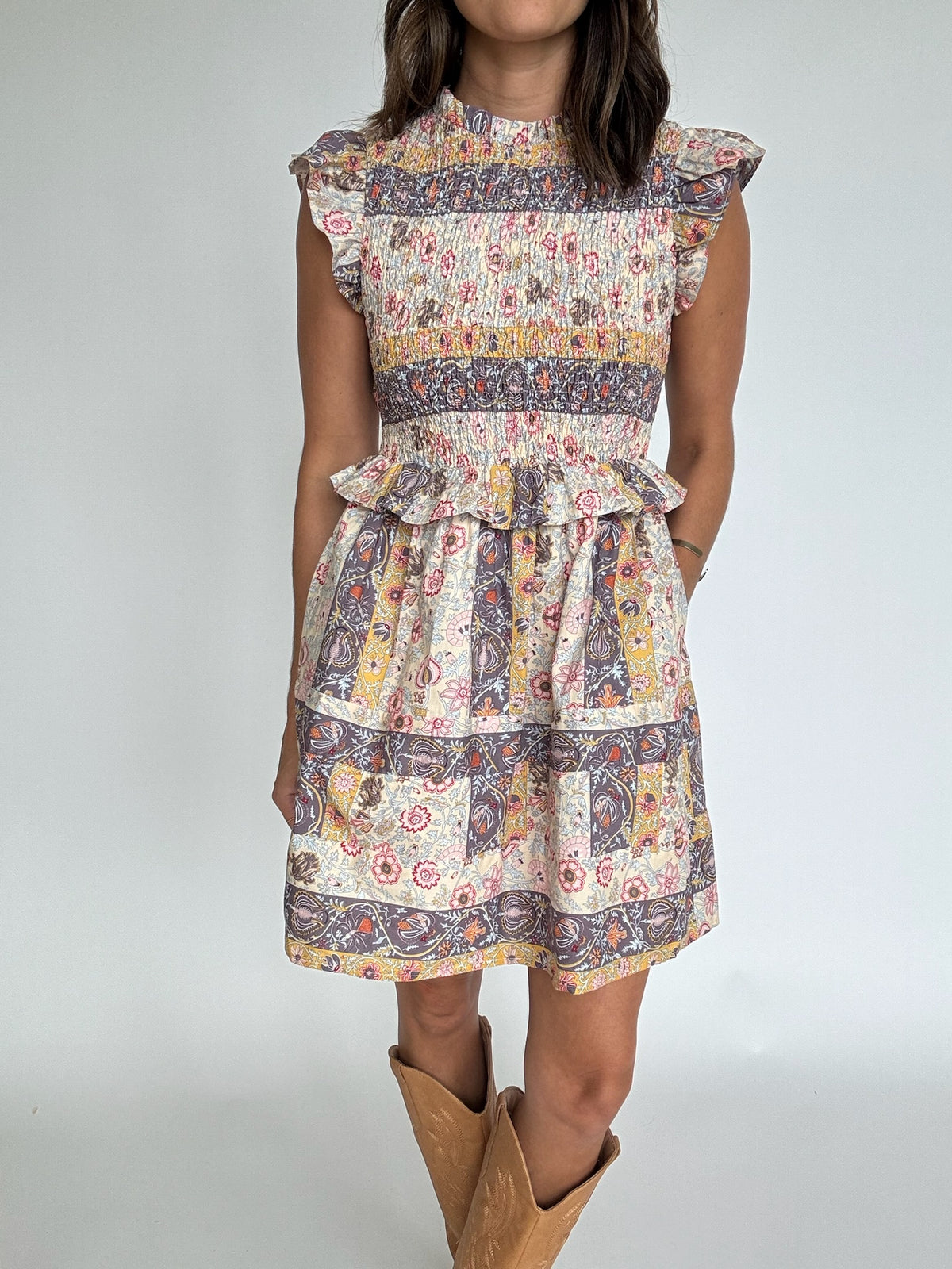 Mixed Print Smocked Mini Dress