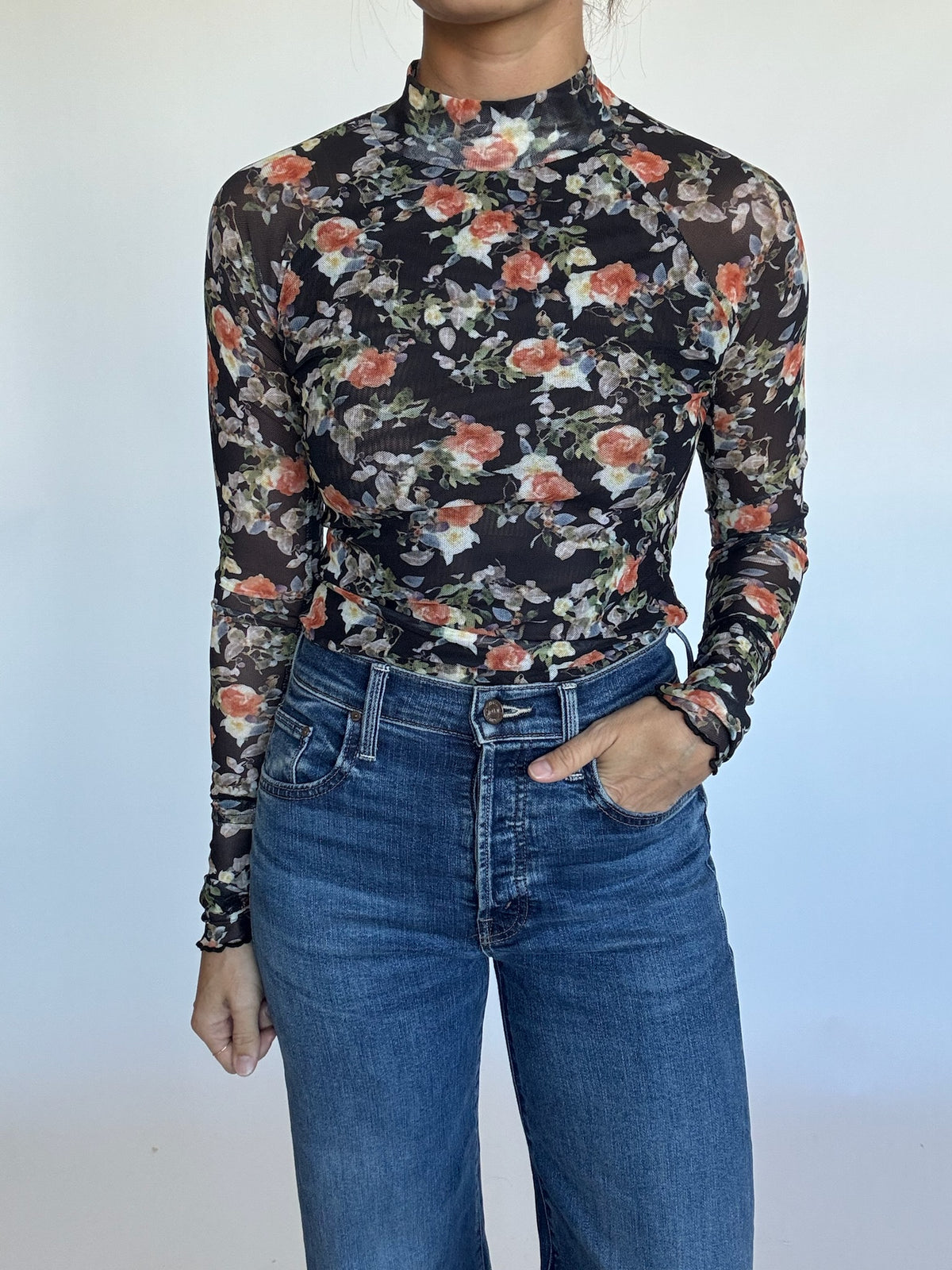 Floral Mesh Mockneck Top